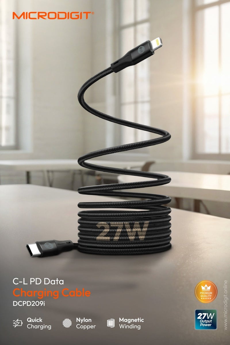 Microdigit PD Type C to Lightning 27W Fast Charging Cable, 3.1A ,1M, Nylon Copper Cable with Magnetic Winding black - Image 2