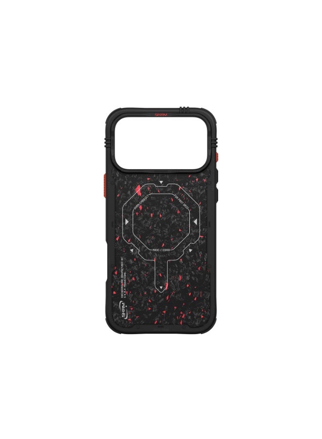 إسكينارما حافظة VEKTOR سوداء مع بقع حمراء لهاتف iPhone 17 Pro | ظهر من ألياف الكربون المطروقة | متوافقة مع MagSafe | أزرار من الألمنيوم | حماية من السقوط حتى 8 أقدام | نمط فريد - Image 1