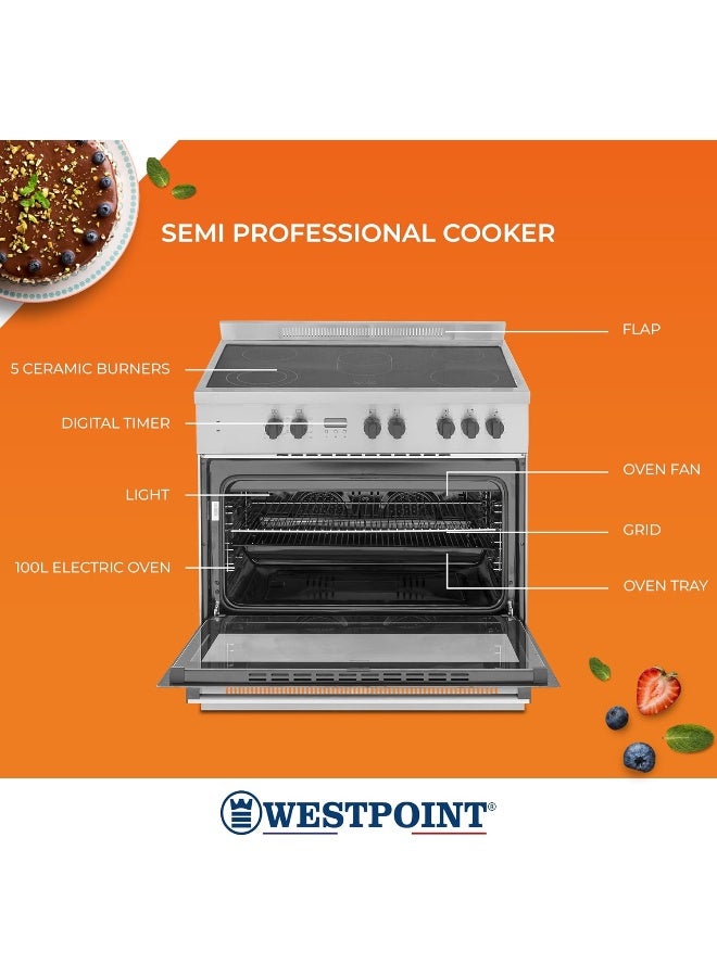 Westpoint Freestanding Ceramic Cooker 90X60 5-Burner Full-Safety,Semi Professional Cooking Range With Big Capacity Electric Oven with Fan,Thermostat,Fast Heating, WCAM-6905M9XD WCAM-6905M9XD Silver/Black - Image 3