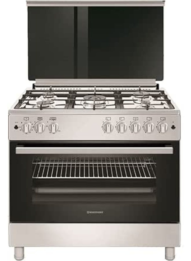 Westpoint 90X60 Cm Freestanding Gas Cooker with 5 Burners Cast Iron Support, Large Capacity Oven with Fan, Grill Function,Timer, Full Safety, Double Glass Oven Door, Auto Ignition, WCLR-9650G0CIID WCLR-9650G0CIID Silver/Black - Image 1