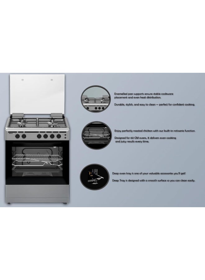 AKAI 60X55cm Freestanding Gas Cooker with 4 Burners, Automatic Ignition & Full Safety, Enamelled Pan Support, Gas Oven & Gas Grill, CRMA-66SCN CRMA-66SCN Silver/Black - Image 4