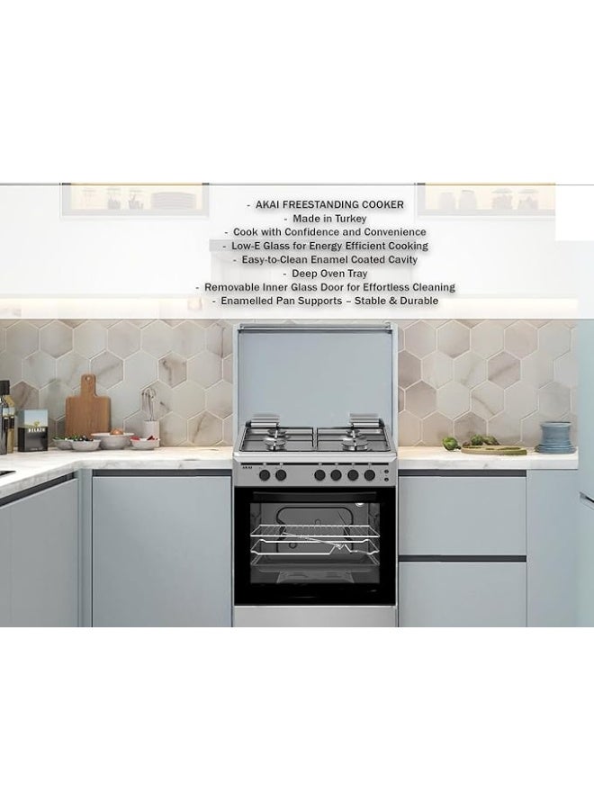 AKAI 60X55cm Freestanding Gas Cooker with 4 Burners, Automatic Ignition & Full Safety, Enamelled Pan Support, Gas Oven & Gas Grill, CRMA-66SCN CRMA-66SCN Silver/Black - Image 3