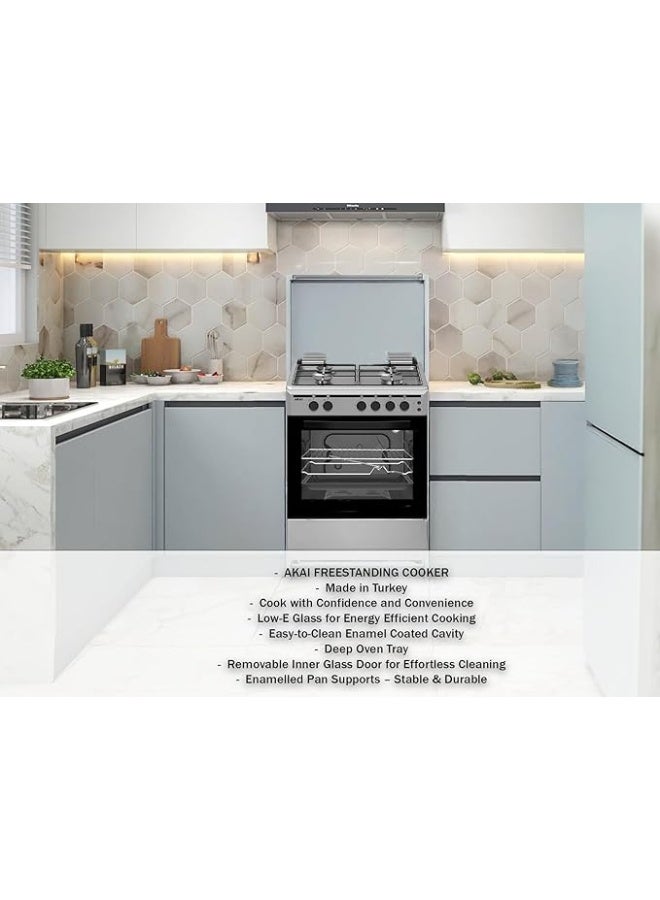 AKAI 60X55cm Freestanding Gas Cooker with 4 Burners, Automatic Ignition & Full Safety, Enamelled Pan Support, Gas Oven & Gas Grill, CRMA-66SCN CRMA-66SCN Silver/Black - Image 2