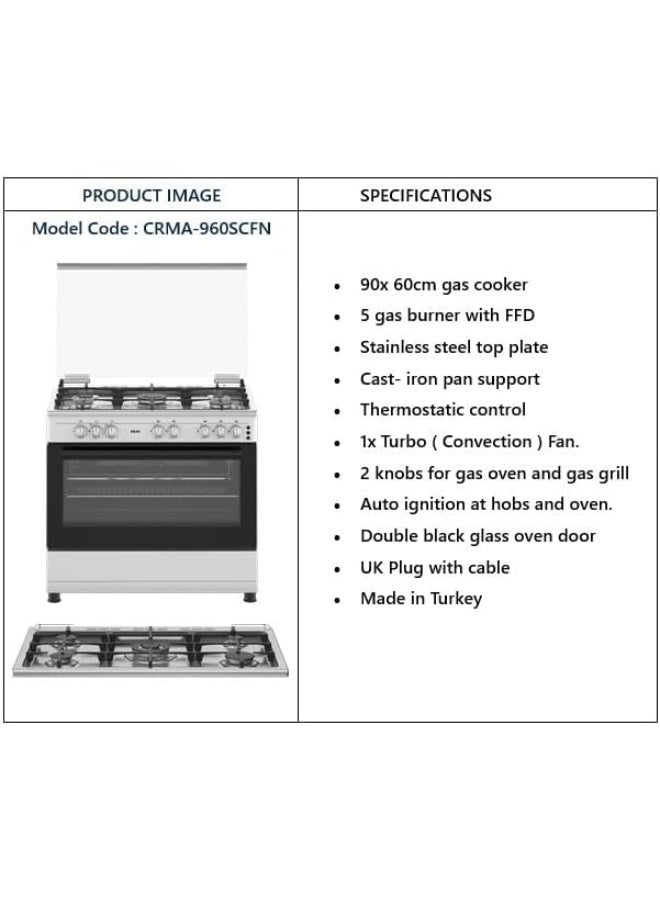 Akai 90 x 60 cms Cooking Range, Full Safety, 5 Burner, Cast Iron, Auto Ignition, Convection Gas Grill, CRMA-960SCFN CRMA-960SCFN Silver/Black - Image 4