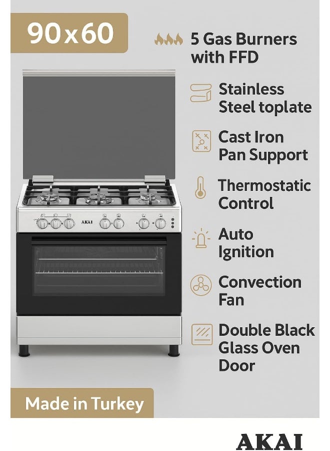 Akai 90 x 60 cms Cooking Range, Full Safety, 5 Burner, Cast Iron, Auto Ignition, Convection Gas Grill, CRMA-960SCFN CRMA-960SCFN Silver/Black - Image 5