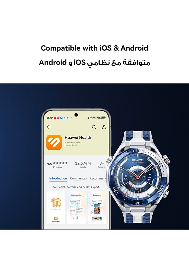 هواوي WATCH Ultimate 2 Smart Watch with Extra Titanium Strap, Zirconium-based Liquid Metal case, Accurate Health Monitor, eSIM cellular calling, Compatible with iOS and Android, 150-Meter Diving Watch blue - Image 5