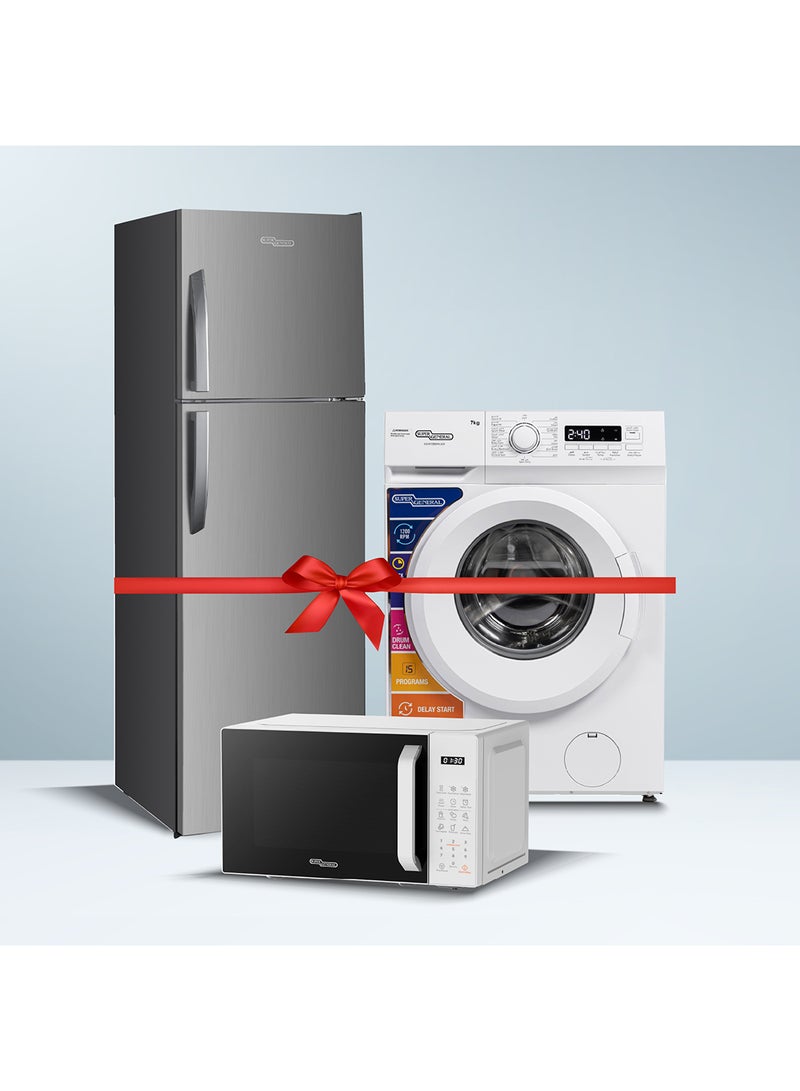 SUPER GENERAL 247 liters Net Double Door Refrigerator SGR365IE + 7 KG front load washing machine SGW7250NLED + 20 liters digital Microwave SGMM922DW SGR365IE+SGW7250NLED+SGMM922DW INOX - Image 1