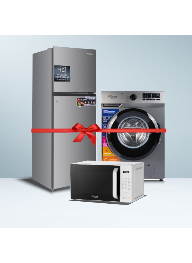 SUPER GENERAL 334 liters Net Double Door Refrigerator SGR415IE + 8KG front load washing machine SGW8250NLEDS + 20 liters digital Microwave SGMM922DW SGR415IE + SGW8250NLEDS + SGMM922DW INOX - Image 1