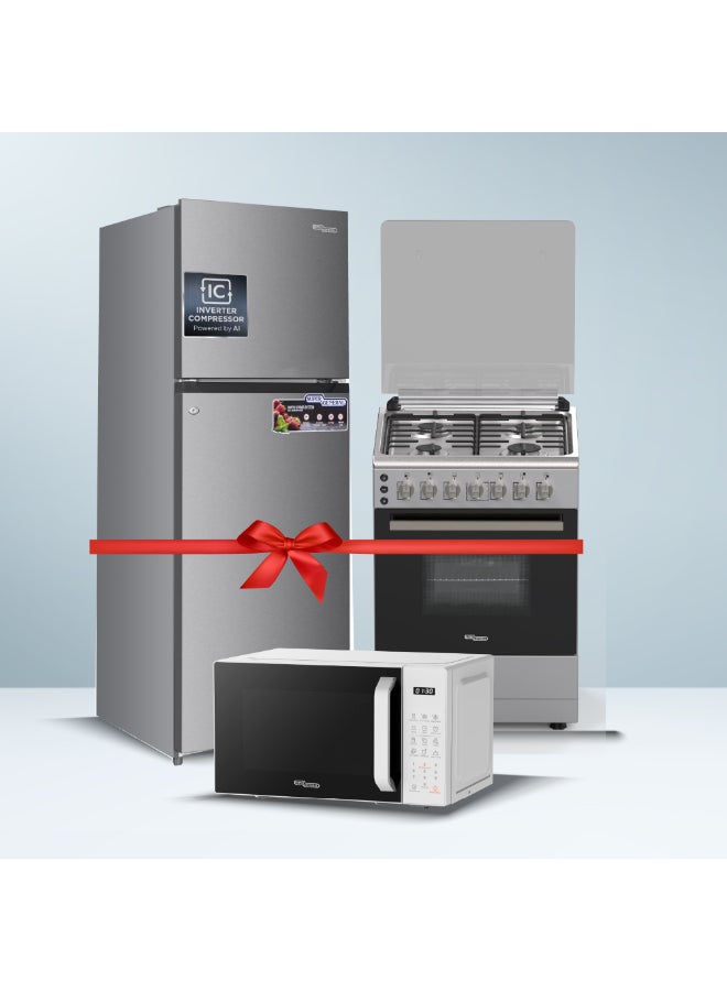 سوبر جنرال ثلاجة مزدوجة الباب سعة 334 لتر SGR415IE + موقد غاز قائم بذاته 60 × 60 SGC6170MSFS + ميكروويف رقمي سعة 20 لتر SGMM922DW - Image 1