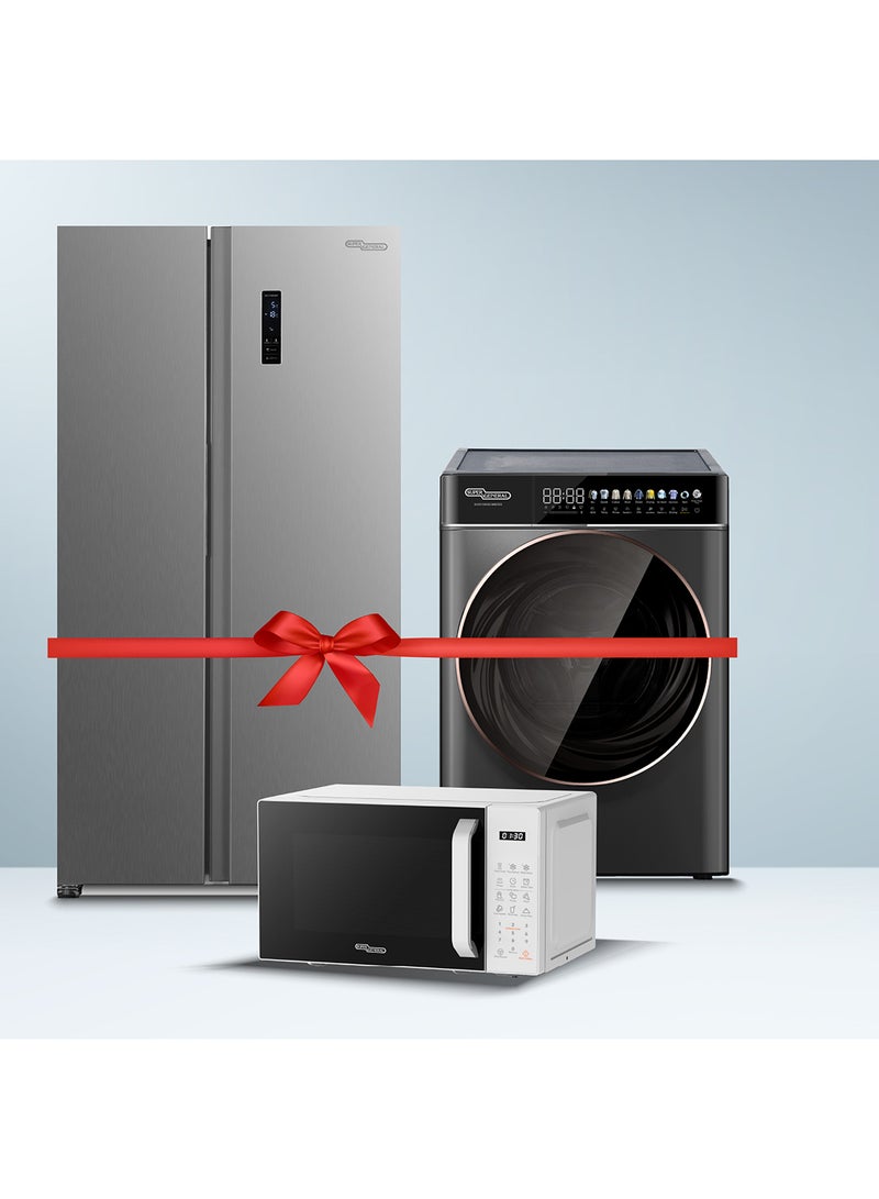 SUPER GENERAL 600 liters Gross side by side Refrigerator SGR710SBSSSE + 10 KG Washer & 6 KG Dryer Combo SGW10650CMBDDS + 20 liters digital Microwave SGMM922DW SGR710SBSSSE + SGW10650CMBDDS + SGMM922DW INOX - Image 1