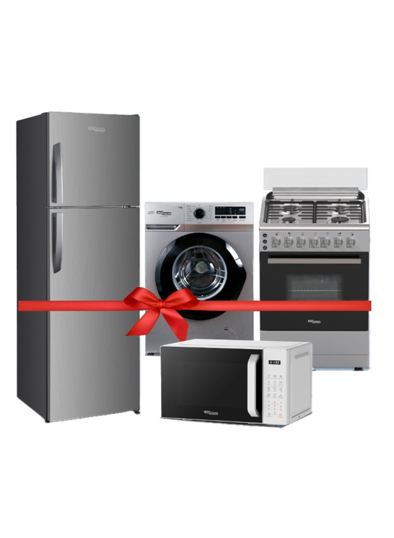 SUPER GENERAL 247 liters Net Double Door Refrigerator SGR365IE + 7 KG Front load inverter washing machine SGW7260INVS + 60 x 60 freestanding Gas cooker SGC6170MSFS + 20 liters digital Microwave SGMM922DW SGR365IE + SGW7260INVS + SGC6170MSFS + SGMM922DW INOX - Image 1