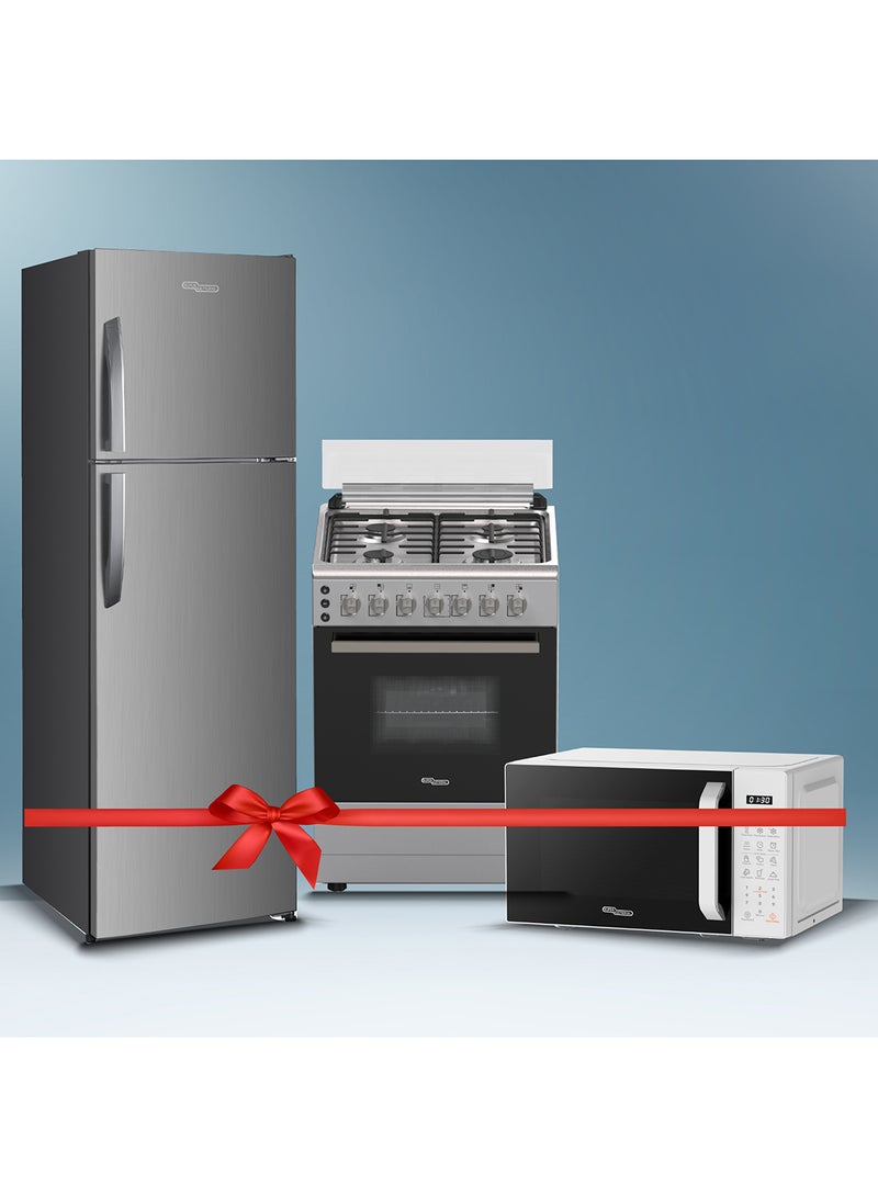 سوبر جنرال ثلاجة مزدوجة الباب سعة 247 لتر SGR365IE + موقد غاز قائم 60 × 60 SGC6170MSFS + ميكروويف رقمي سعة 20 لتر SGMM922DW - Image 1