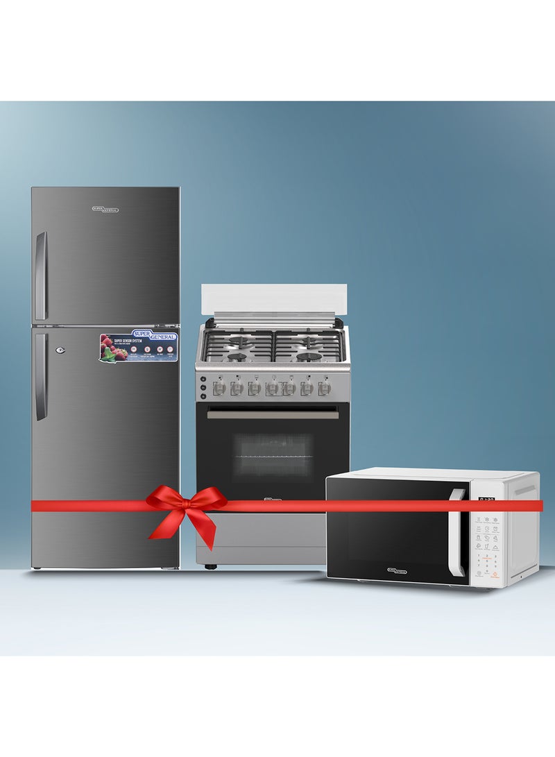 SUPER GENERAL 260 liters Gross Double Door Refrigerator SGR260NE + 60 x 60 free standing Gas cooker SGC6170MSFS + 20 liters Digital Microwave SGMM922DW SGR260NE + SGC6170MSFS + SMM922DW INOX - Image 1
