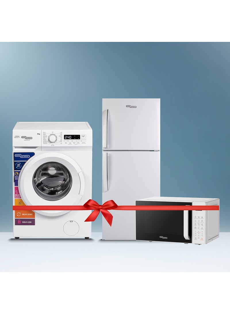 SUPER GENERAL 255 liters Gross Double Door Refrigerator SGR255E + 6KG Front load Washing Machine SGW6250NLED + 20 liters digital Microwave SGMM922DW SGR255E + SGW6250NLED + SGMM922DW White - Image 1