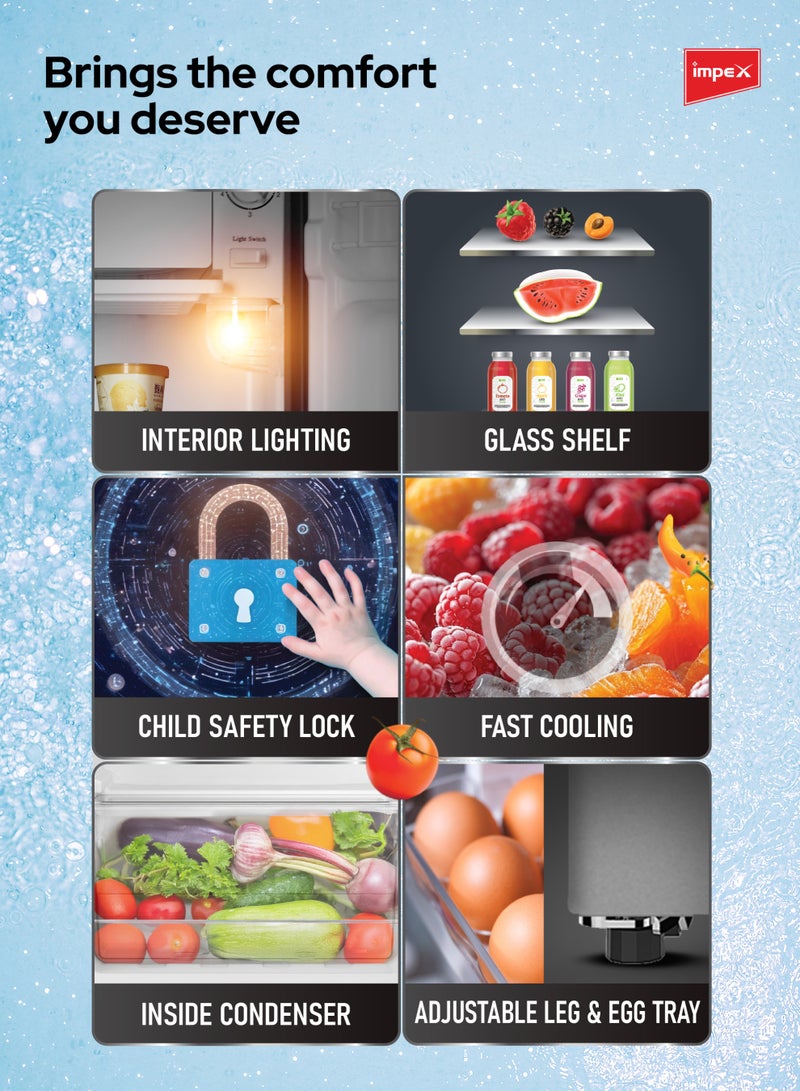إمبكس ثلاجة باب واحد سعة 90 لتر | ثلاجة تبريد أسرع سعة 2.9 قدم مكعب | ثلاجة ميني مدمجة للمنزل والمكتب والسكن الجامعي | ثلاجة مع فريزر | رفوف زجاجية، مصباح داخلي 2 واط، أرجل قابلة للتعديل، مكثف داخلي، صينية بيض | سعة صافية 83 لتر، 70 واط - Image 4