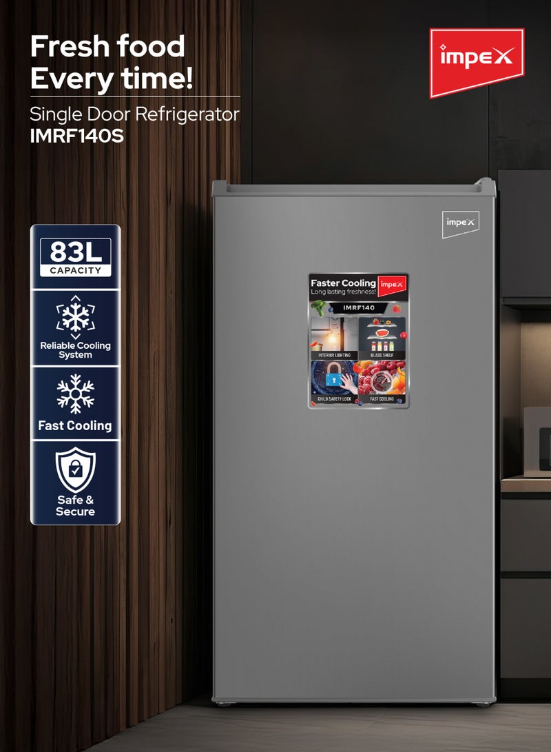 إمبكس ثلاجة باب واحد سعة 90 لتر | ثلاجة تبريد أسرع سعة 2.9 قدم مكعب | ثلاجة ميني مدمجة للمنزل والمكتب والسكن الجامعي | ثلاجة مع فريزر | رفوف زجاجية، مصباح داخلي 2 واط، أرجل قابلة للتعديل، مكثف داخلي، صينية بيض | سعة صافية 83 لتر، 70 واط - Image 2