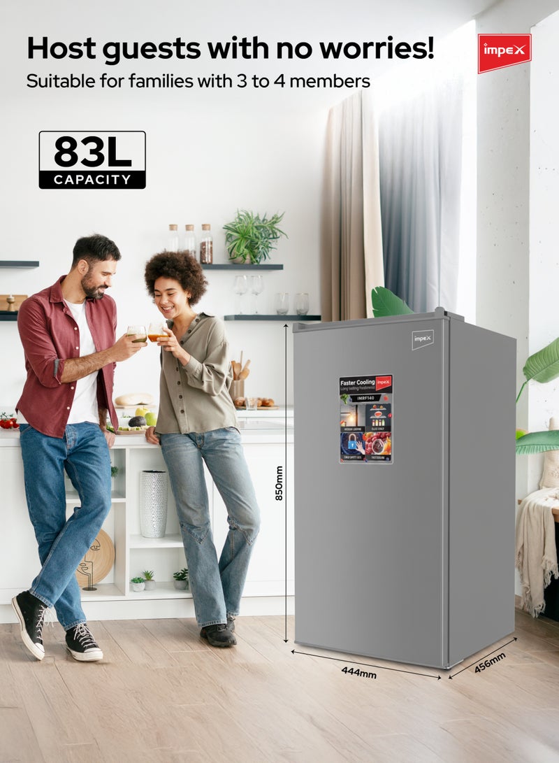 إمبكس ثلاجة باب واحد سعة 90 لتر | ثلاجة تبريد أسرع سعة 2.9 قدم مكعب | ثلاجة ميني مدمجة للمنزل والمكتب والسكن الجامعي | ثلاجة مع فريزر | رفوف زجاجية، مصباح داخلي 2 واط، أرجل قابلة للتعديل، مكثف داخلي، صينية بيض | سعة صافية 83 لتر، 70 واط - Image 3