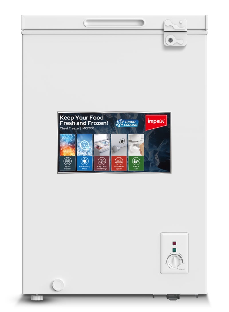 إمبكس فريزر صندوقي سعة 100 لتر | فريزر عميق هجين مع وضع تجميد سريع، قفل ومفتاح، سلة قابلة للإزالة منزلقة | تصميم داخلي سهل التنظيف، جدار رقيق، نظام تصريف أمامي | تشطيب أبيض | IMCF100 - Image 1