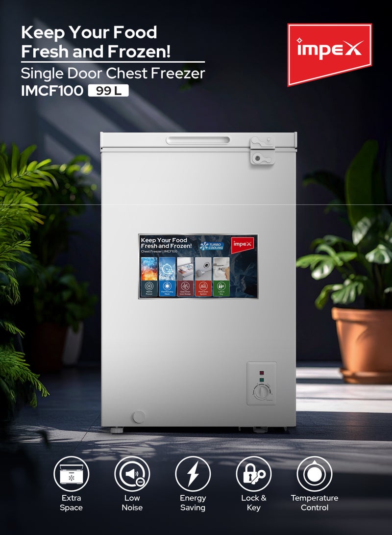 إمبكس فريزر صندوقي سعة 100 لتر | فريزر عميق هجين مع وضع تجميد سريع، قفل ومفتاح، سلة قابلة للإزالة منزلقة | تصميم داخلي سهل التنظيف، جدار رقيق، نظام تصريف أمامي | تشطيب أبيض | IMCF100 - Image 2