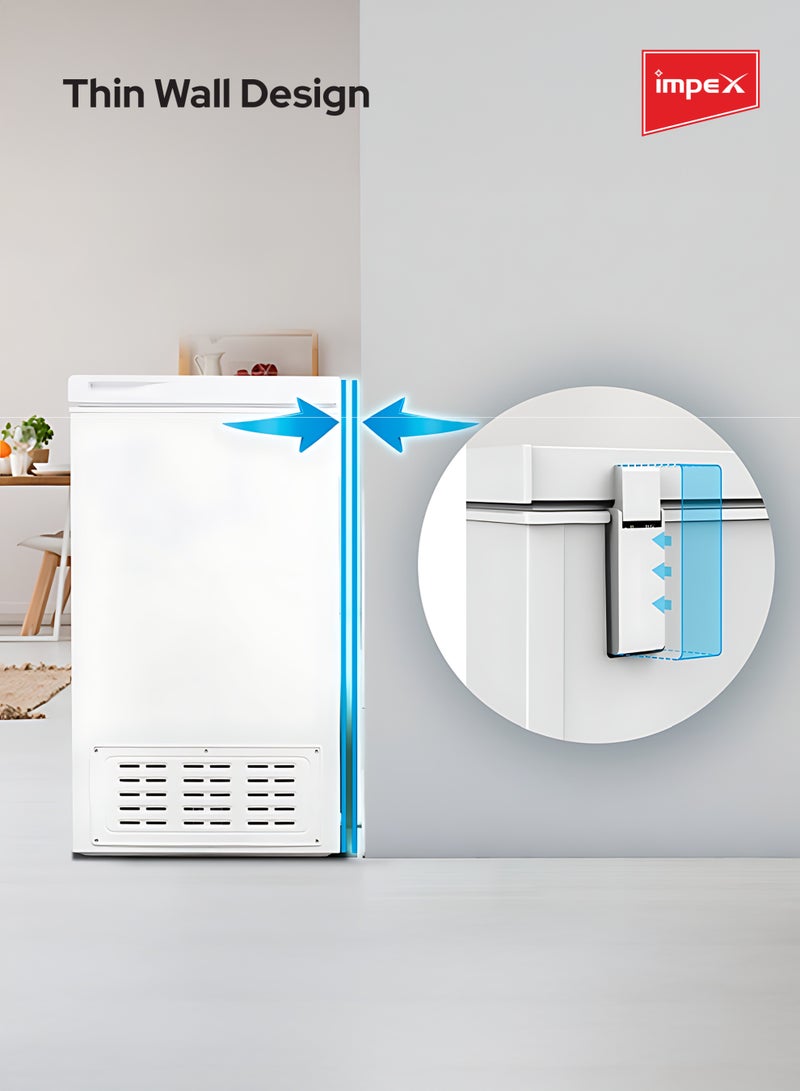 إمبكس فريزر صندوقي سعة 100 لتر | فريزر عميق هجين مع وضع تجميد سريع، قفل ومفتاح، سلة قابلة للإزالة منزلقة | تصميم داخلي سهل التنظيف، جدار رقيق، نظام تصريف أمامي | تشطيب أبيض | IMCF100 - Image 5