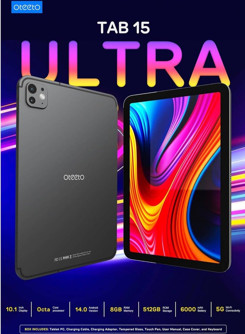 Oteeto 15 Ultra Tablet; 10.1-inch Screen; 8GB RAM, 512GB Storage; 13MP Camera; 6000mAh Battery; Android 14 - Silver - Image 4