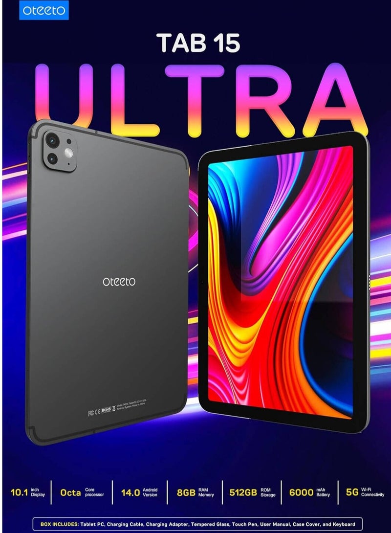 Oteeto 15 Ultra Tablet; 10.1 inch Screen; 12GB RAM, 512GB Storage; 13MP Camera; 6000mAh Battery; Android 14 - Grey - Image 2