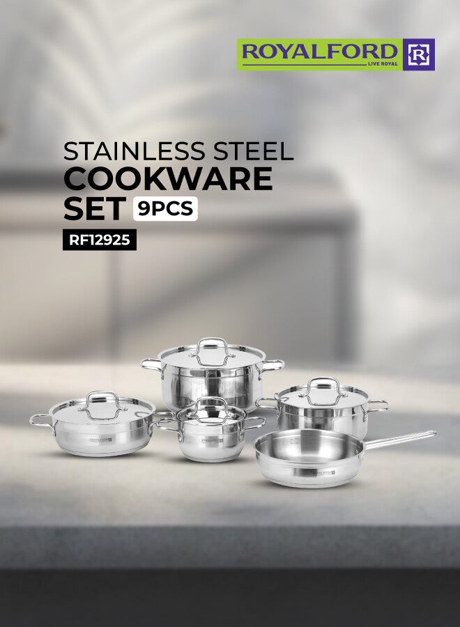 رويال فورد Rockmaz 9-Piece Stainless Steel Cookware Set, Tri-Ply Construction, Induction & Gas Compatible, Extra-Thick Base 3 Layer | 4 Casseroles with Lids + Frypan, Premium Durable Design, Scratch-Resistant, Heat-Retentive Stainless Steel Cookware for Home Kitchen & Family Cooking Silver 26+24+22+16 Cm Casseroles & 24 Cm Frypancm - Image 1