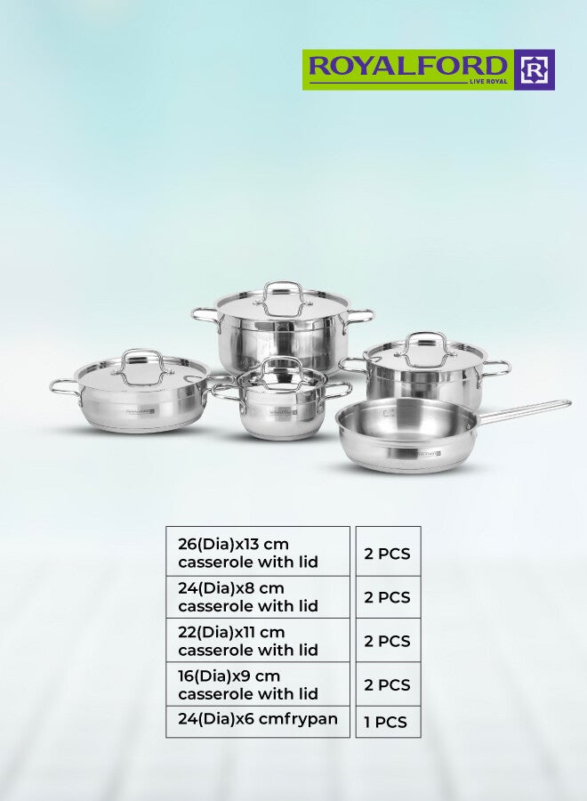 رويال فورد Rockmaz 9-Piece Stainless Steel Cookware Set, Tri-Ply Construction, Induction & Gas Compatible, Extra-Thick Base 3 Layer | 4 Casseroles with Lids + Frypan, Premium Durable Design, Scratch-Resistant, Heat-Retentive Stainless Steel Cookware for Home Kitchen & Family Cooking Silver 26+24+22+16 Cm Casseroles & 24 Cm Frypancm - Image 5