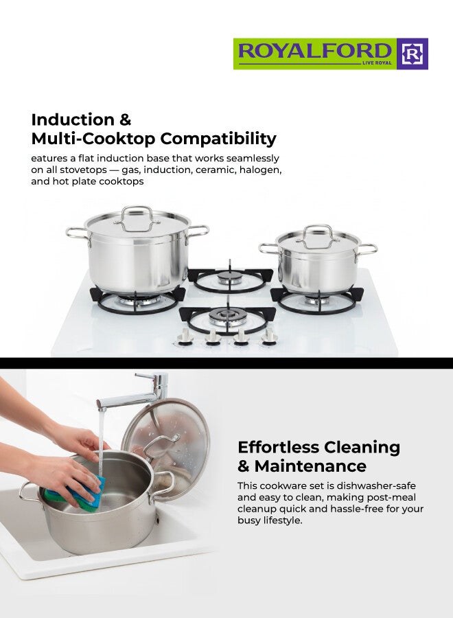 رويال فورد Rockmaz 9-Piece Stainless Steel Cookware Set, Tri-Ply Construction, Induction & Gas Compatible, Extra-Thick Base 3 Layer | 4 Casseroles with Lids + Frypan, Premium Durable Design, Scratch-Resistant, Heat-Retentive Stainless Steel Cookware for Home Kitchen & Family Cooking Silver 26+24+22+16 Cm Casseroles & 24 Cm Frypancm - Image 4