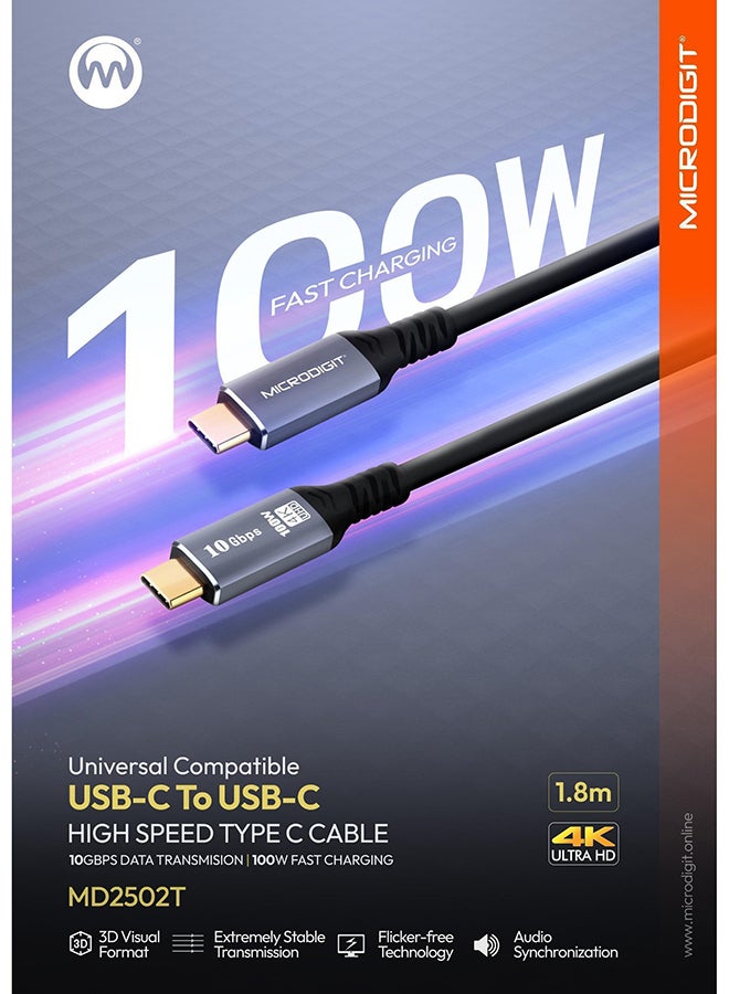 Microdigit MD2502T - PD Type C to Type C 100W Ultra Fast Charging Cable,1.8M, Upto 10GBPS Data Transfer, 4K Ultra HD and Audio Synchronization - Multicolour - Image 1