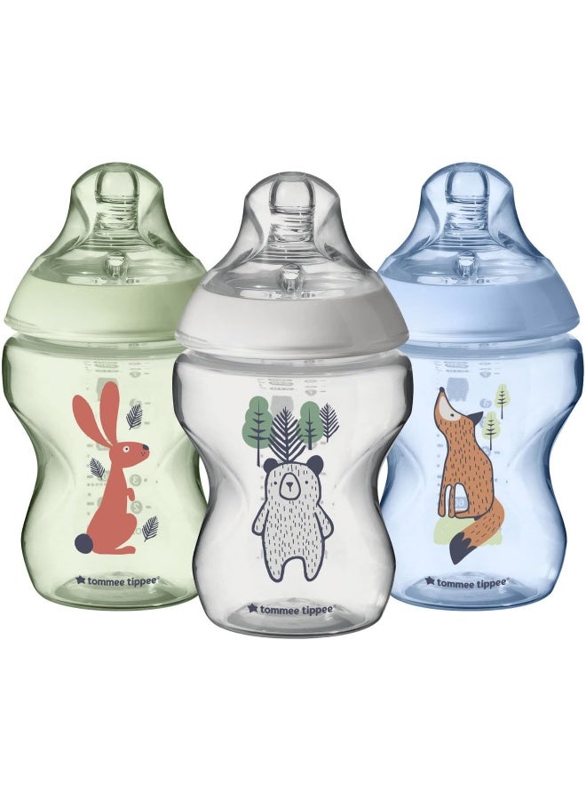 تومي تيبي زجاجات تومي تيبي الأقرب إلى الطبيعة للأطفال، أصدقاء الغابة | مثل الثدي، صمام مضاد للمغص (9 أونصات، 3 قطع) - Image 1