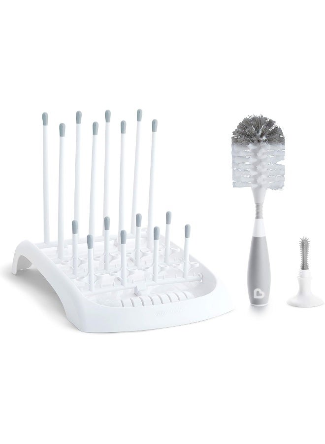 مونشكين Munchkin Fold Baby Bottle Drying Rack and Bristle Bottle Brush Cleaning Essentials Set, White/Grey - Image 1