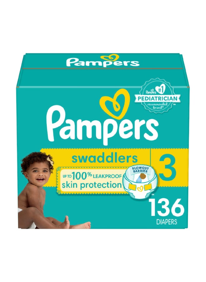 بامبرز حفاضات بامبرز للأطفال - سوادلرز - الحجم 3، 136 قطعة، حفاضات أطفال قابلة للاستخدام مرة واحدة فائقة الامتصاص - Image 1