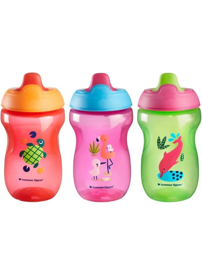 تومي تيبي Tommee Tippee Sippee Cup, Water Bottle for Toddlers, 9 Months+, 10oz, Spill-Proof, Bite-Resistant Spout, BPA Free, Pack of 3, Red, Purple and Green - Image 1