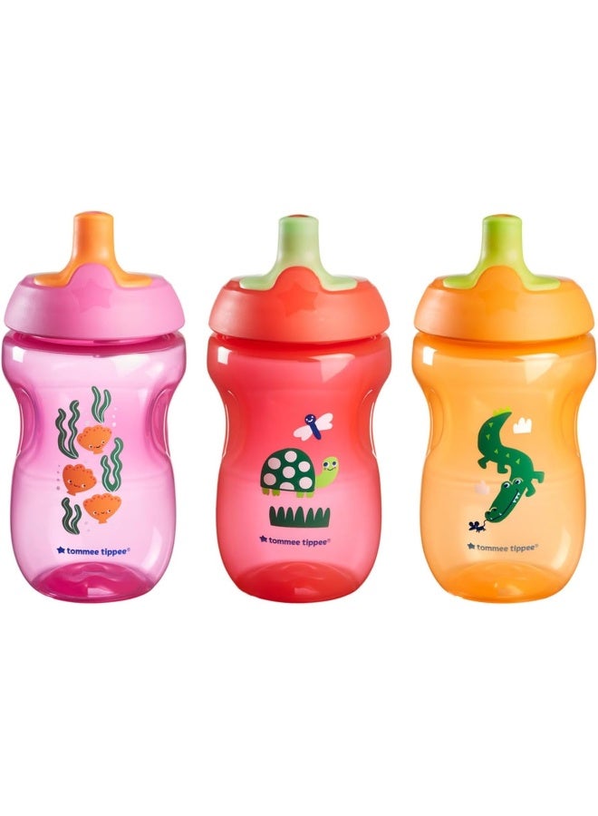 تومي تيبي Tommee Tippee Sportee Bottle, Sippy Cup for Toddlers, 12 Months+, 10oz, Spill-Proof, Bite Resistant Spout, Easy to Hold Design, Pack of 3, Pink, Red and Orange - Image 1