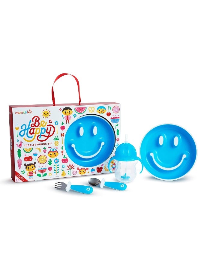 Munchkin Be Happy Toddler Dining Set, Includes Suction Plate, Straw Cup and Utensil Set, Blue - Image 1