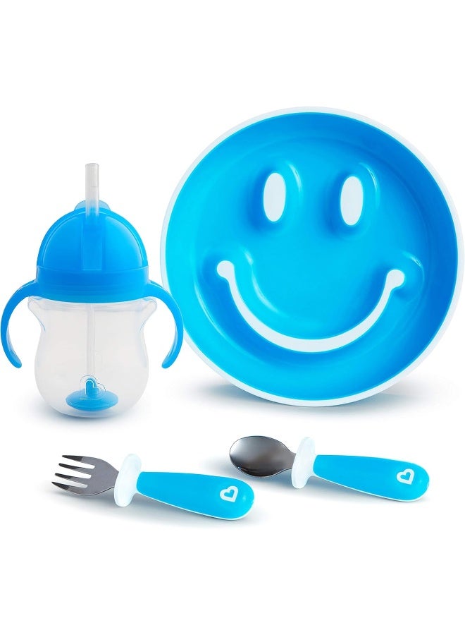 Munchkin Be Happy Toddler Dining Set, Includes Suction Plate, Straw Cup and Utensil Set, Blue - Image 2