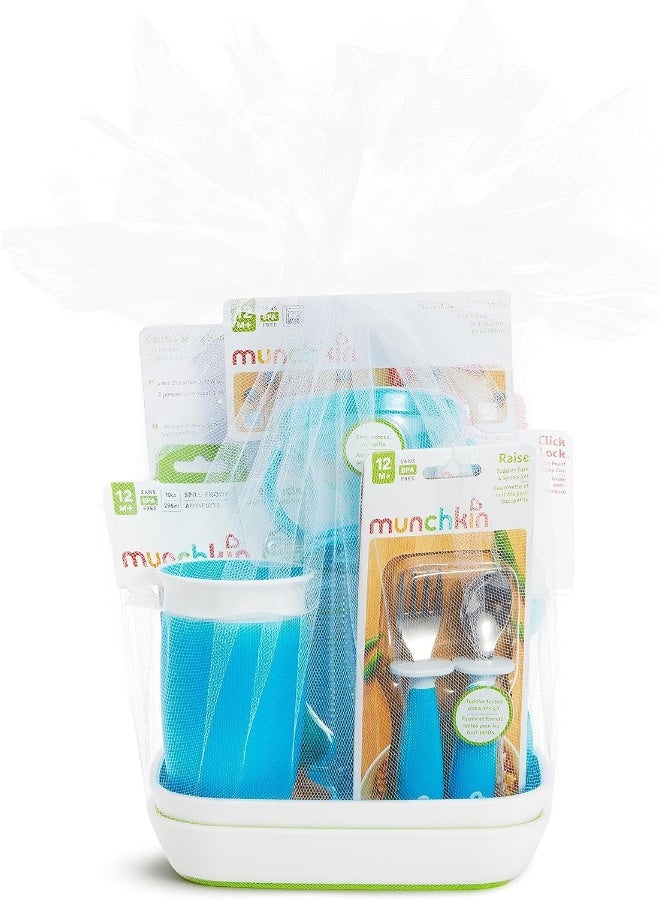 مونشكين Munchkin 1st Birthday Gift Basket, Includes Sippy Cups, Plates, Feeding Utensils, Snack Catcher, Bath Toy and Teether, Blue - Image 1