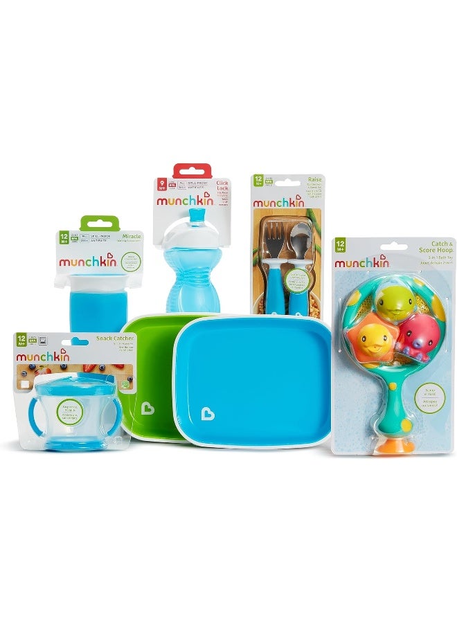 مونشكين Munchkin 1st Birthday Gift Basket, Includes Sippy Cups, Plates, Feeding Utensils, Snack Catcher, Bath Toy and Teether, Blue - Image 3