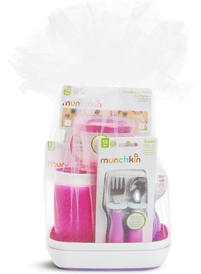 مونشكين سلة هدايا عيد الميلاد الأول من مانشكن، تشمل أكواب الشرب، الأطباق، أدوات التغذية، حافظة الوجبات الخفيفة، لعبة الاستحمام وعضاضة، وردي - Image 1