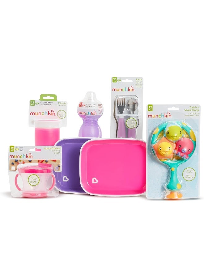 مونشكين سلة هدايا عيد الميلاد الأول من مانشكن، تشمل أكواب الشرب، الأطباق، أدوات التغذية، حافظة الوجبات الخفيفة، لعبة الاستحمام وعضاضة، وردي - Image 3