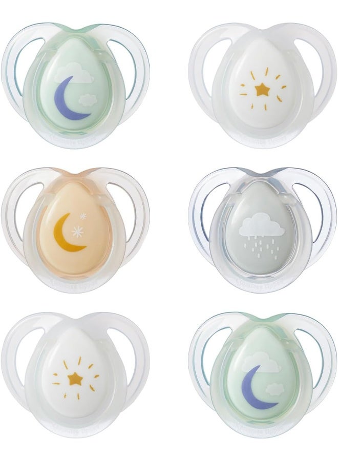 تومي تيبي لهايات تومي تيبي الليلية، 0-6 أشهر، عبوة مكونة من 6 لهايات تتوهج في الظلام مع حلمة سيليكون متناظرة - Image 1