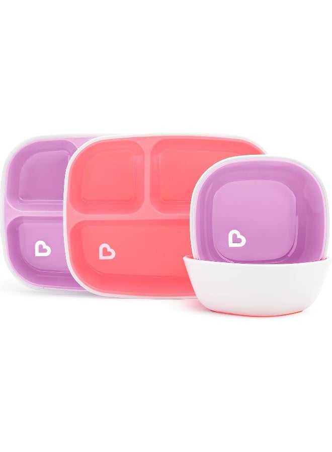 مونشكين MunchkinÂ® Splashâ„¢ 4 Piece Toddler Divided Plate and Bowl Dining Set, Pink/Purple - Image 1