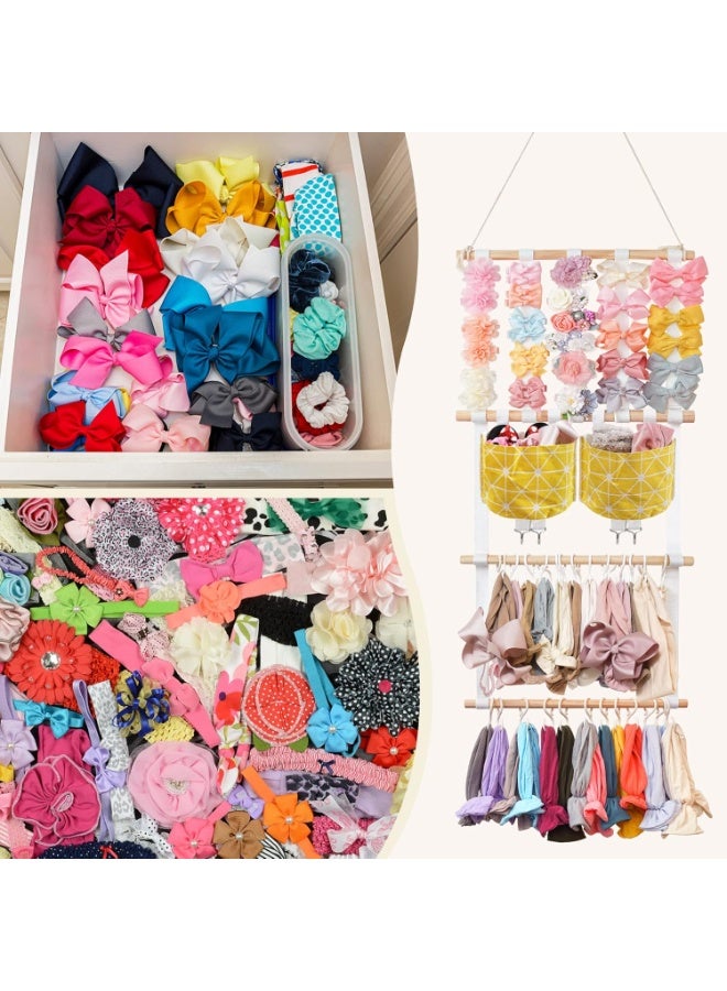 كانجرو kangaroo Hairband Organizer for Baby Girls, Large Capacity Bow Holder Hair Accessories Wall Hanging Organizer with 20 S-hooks and 2 Pockets, Yellow - Image 4