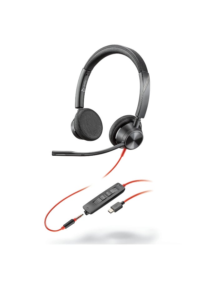 بلانترونيكس - بلاكوير 3325 - سماعة رأس سلكية مزدوجة الأذن (ستيريو) مع ميكروفون بوم - USB-A/3.5 مم للاتصال بجهاز الكمبيوتر أو ماك الخاص بك - تعمل مع Teams (معتمدة)، Zoom والمزيد - Image 1