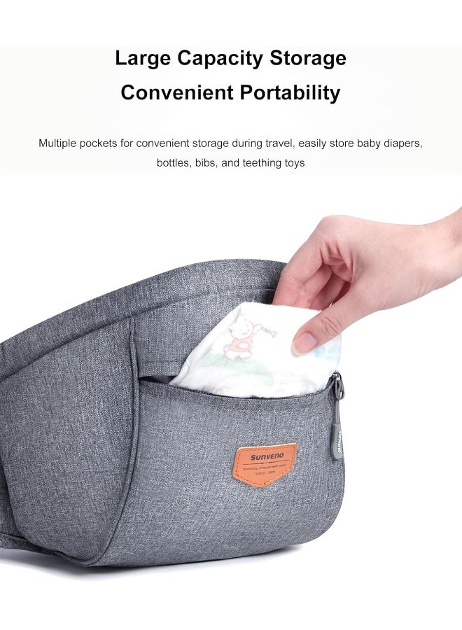 صنفينو حاملة الأطفال SUNVENO، مقعد الورك المريح للأطفال، حاملة أطفال معتمدة من CPC، حزام قابل للتعديل و جيوب متنوعة للمواليد الجدد، الرضع، الأطفال، حاملة لجميع الفصول، رمادي - Image 4
