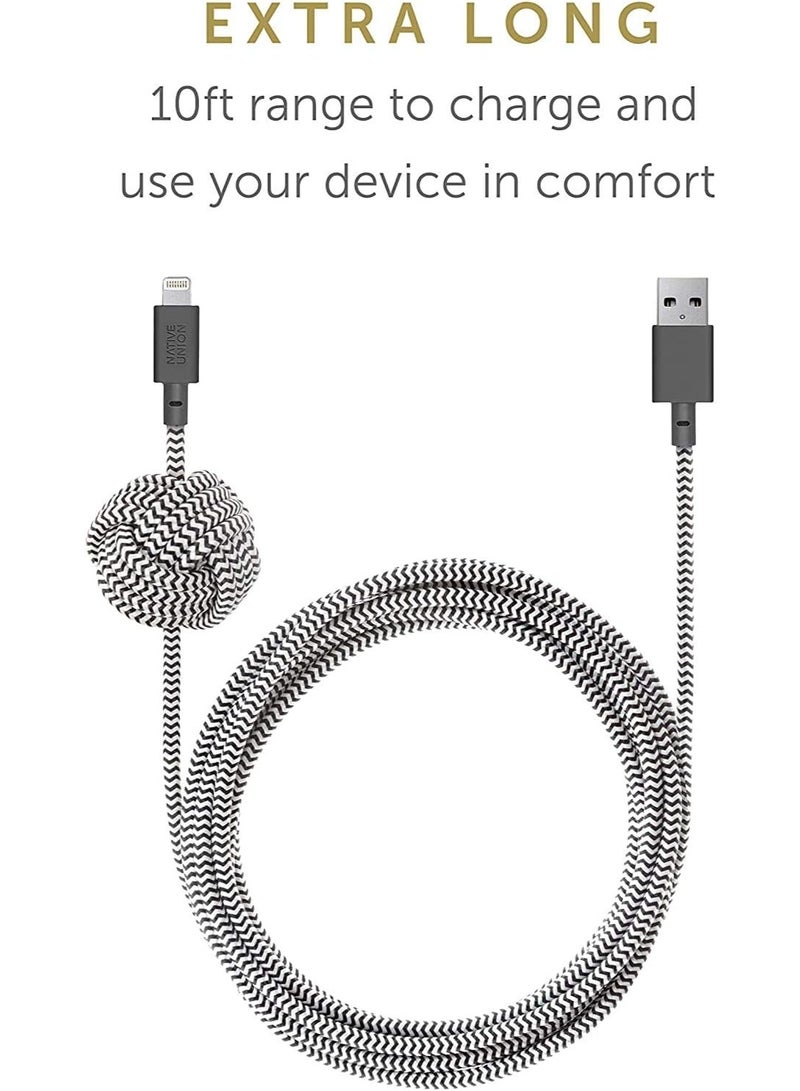 Native Union Night Cable - 10ft Ultra-Strong Reinforced [MFi Certified] Durable Lightning to USB-A Charging Cable with Weighted Knot Compatible with for iPhone 14, iPhone 13 and Earlier (Zebra) Zebra - Image 5