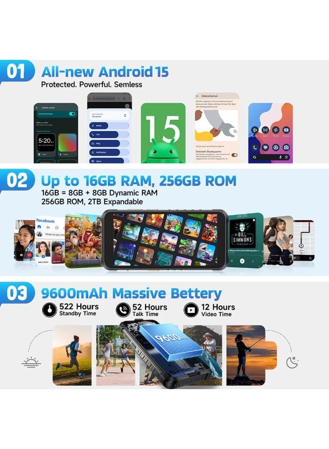 أوليفون هاتف Ulefone RugKing 4G المتين بنظام أندرويد 15 سعة تصل إلى 16GB+256GB هاتف ذكي مقاوم للماء 9600mAh NFC النسخة العالمية - Image 4