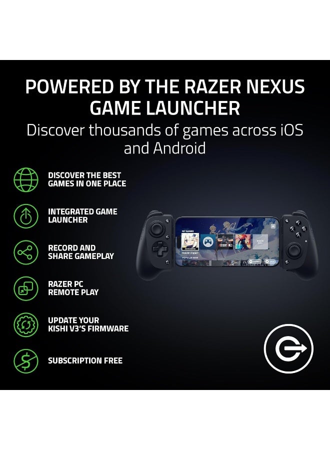 ريزر Kishi V3 Gaming Controller for iPhone, Android: Full Sized TMR Thumbsticks, Dual Back Buttons, Fits Most Phone Cases, Wired & Remote Play for PC, 3 Free Months of Apple Arcade - Black - Image 5