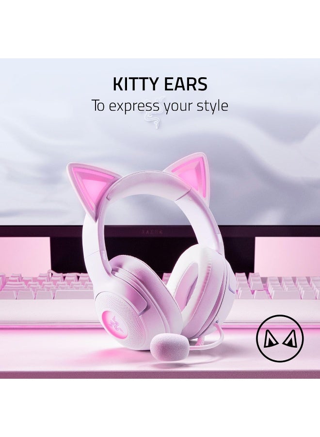 ريزر سماعة رأس USB سلكية Kraken Kitty V2: آذان قطة Chroma RGB، إضاءة تفاعلية للبث، ميكروفون كارديود فائق الوضوح، محركات 40 مم، صوت محيطي 7.1، وسائد أذن مريحة - أبيض - Image 2